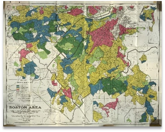 1930s era map depicting 'redlining' in the Boston area.