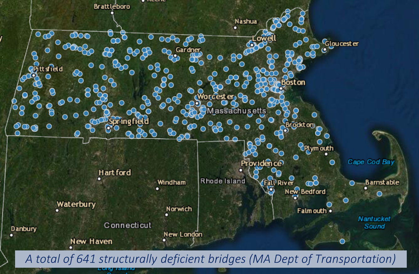 Map of Massachusetts depicting the locations of 641 structurally deficient bridges across the state. From the MA Department of Transportation